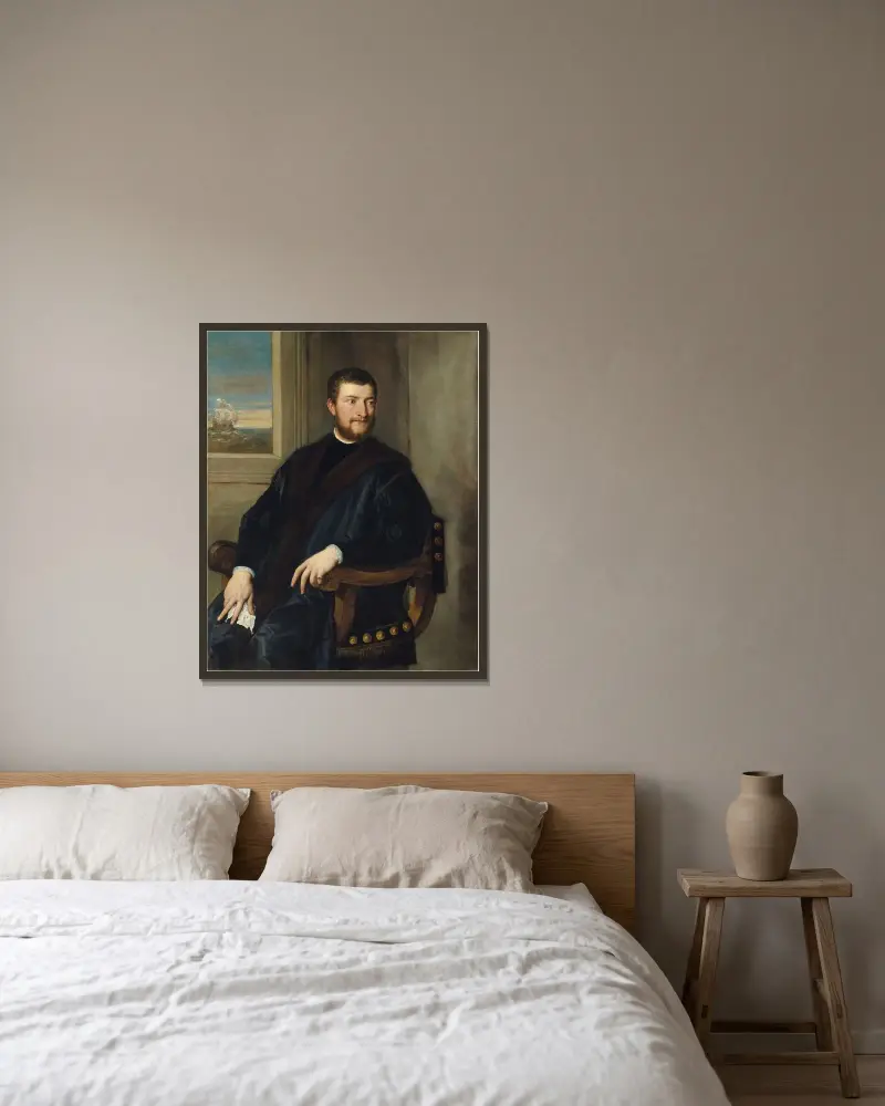 Porträtt av en adelsman, sittande framför ett fönster av Titian inramad på en vägg