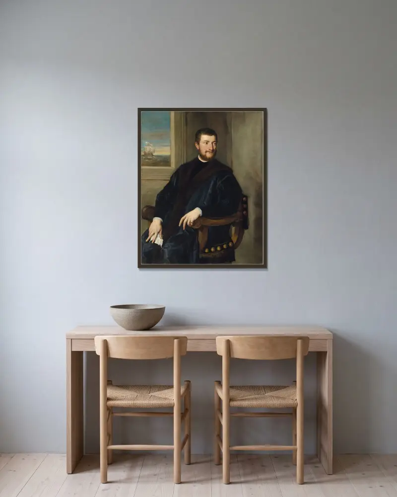 Porträtt av en adelsman, sittande framför ett fönster av Titian inramad på en vägg