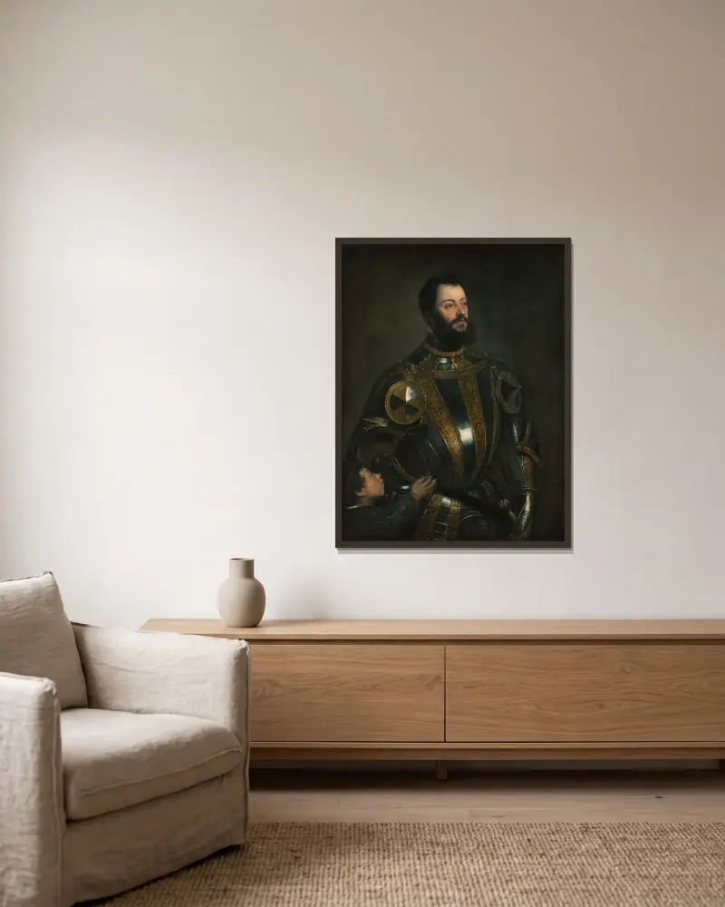 Portret Alfonsa d'Avalos, markiza del Vasto, w zbroi z paziem, Titian w ramie na ścianie