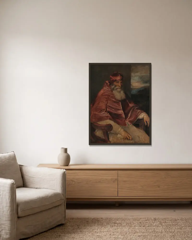 Portret papieża Pawła III w camauro, Titian w ramie na ścianie
