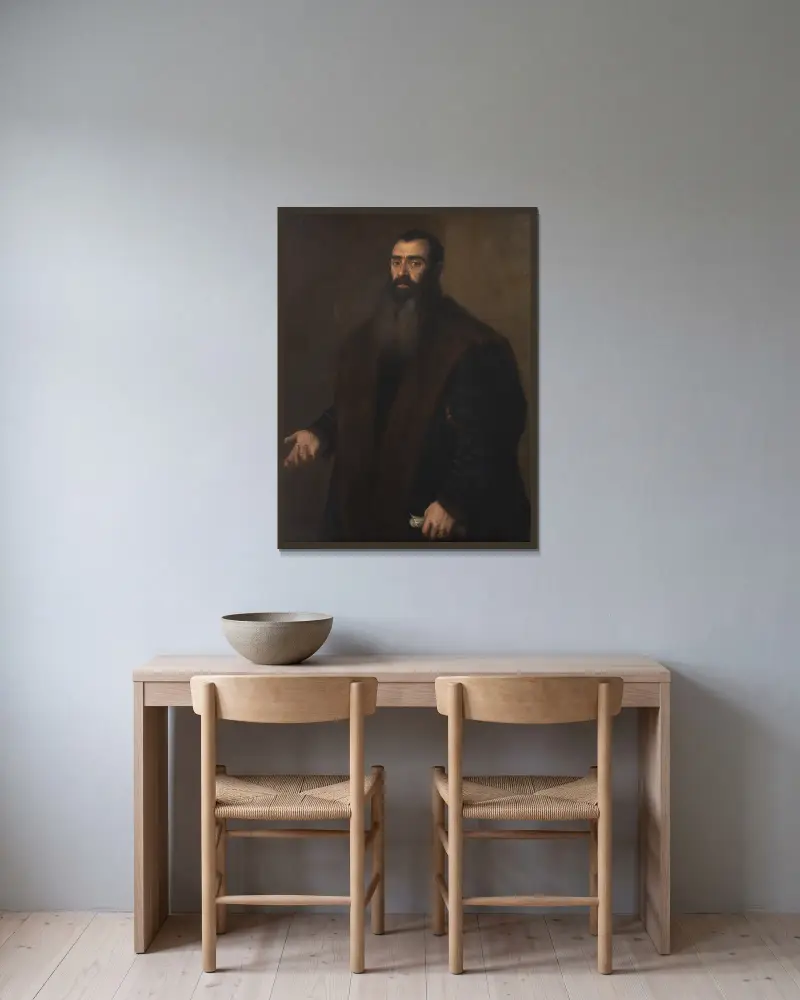 Bildnis des Nürnberger Kaufmanns und Sammlers Willibald Imhoff der Ältere von Titian gerahmt an einer Wand