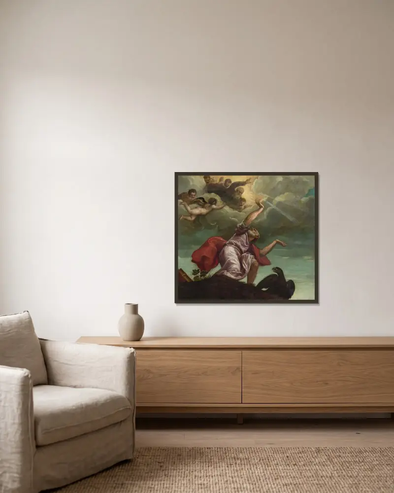 Johannes evangelisten på Patmos av Titian inramad på en vägg