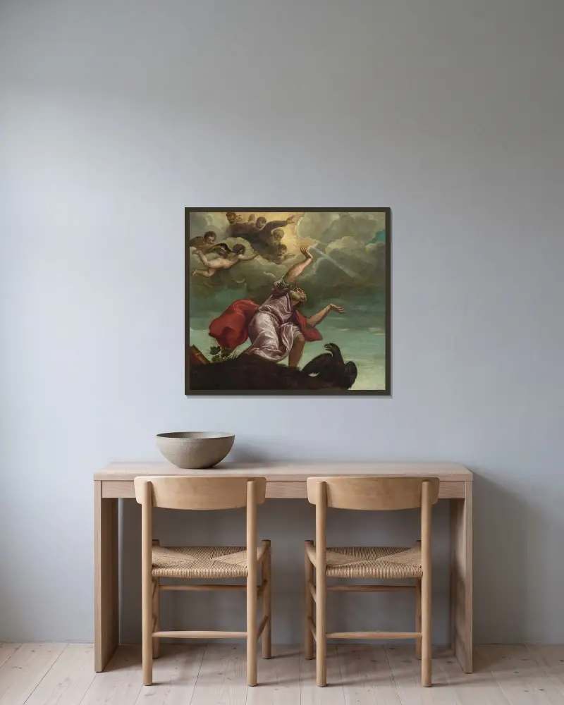Johannes evangelisten på Patmos av Titian inramad på en vägg