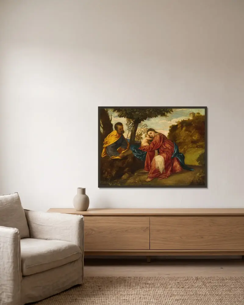 The Rest on the Flight into Egypt av Titian inramad på en vägg