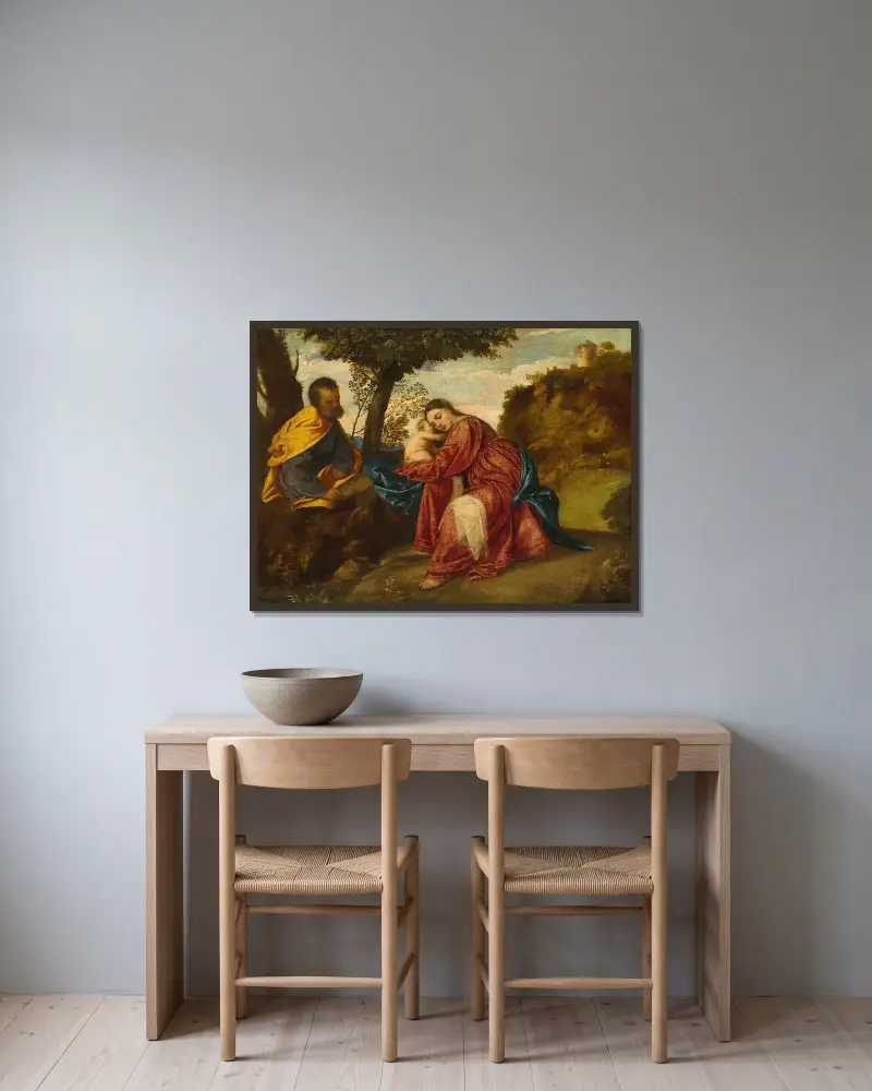 The Rest on the Flight into Egypt av Titian inramad på en vägg
