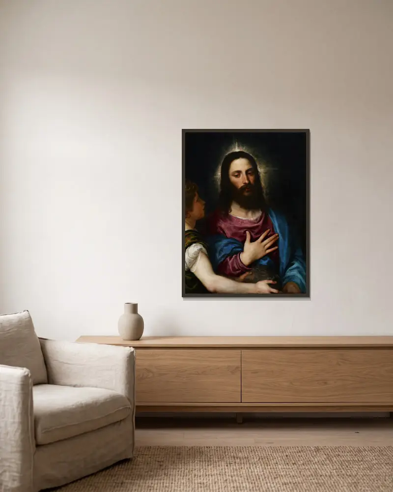 Die Versuchung Christi von Titian gerahmt an einer Wand