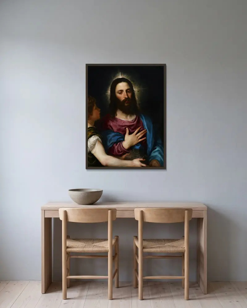 Die Versuchung Christi von Titian gerahmt an einer Wand