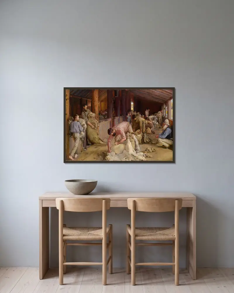 Schafschur von Tom Roberts gerahmt an einer Wand
