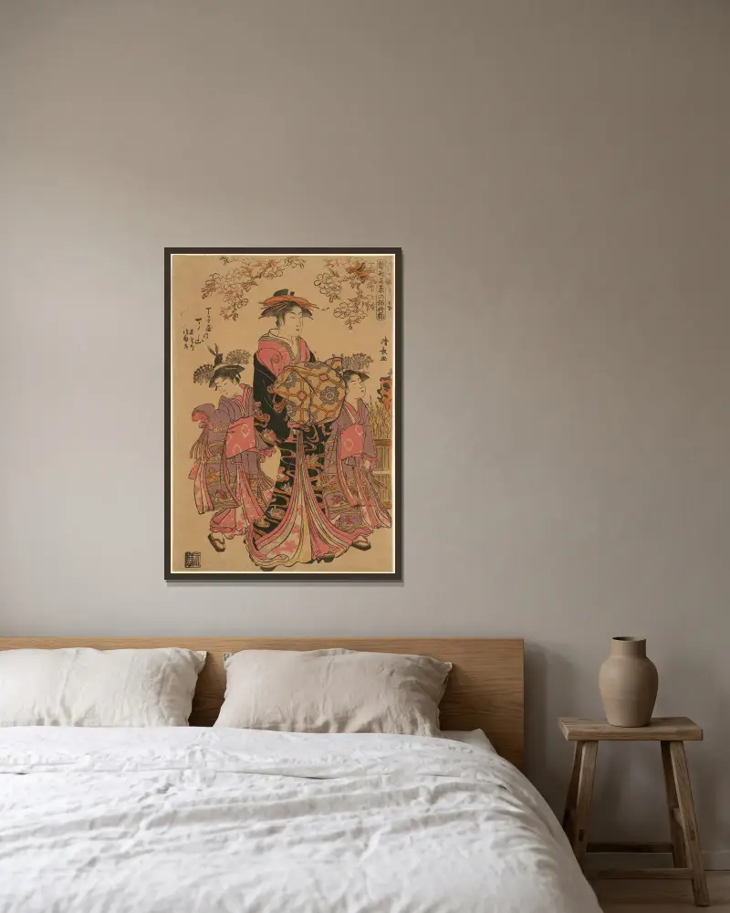 Hiinagata Wakana no Hatsumoyô av Torii Kiyonaga inramad på en vägg