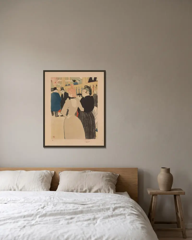 På Moulin Rouge: La Goulue och hennes syster, 1892 – nr 1 av Henri de Toulouse-Lautrec inramad på en vägg