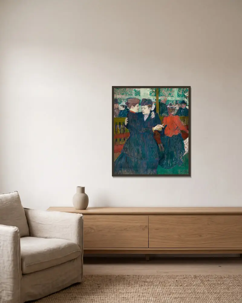 På Moulin Rouge, två kvinnor dansar vals av Henri de Toulouse-Lautrec inramad på en vägg