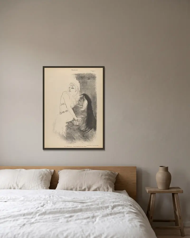 Am Théâtre de la Renaissance; Sarah Bernhardt in Phèdre von Henri de Toulouse-Lautrec gerahmt an einer Wand