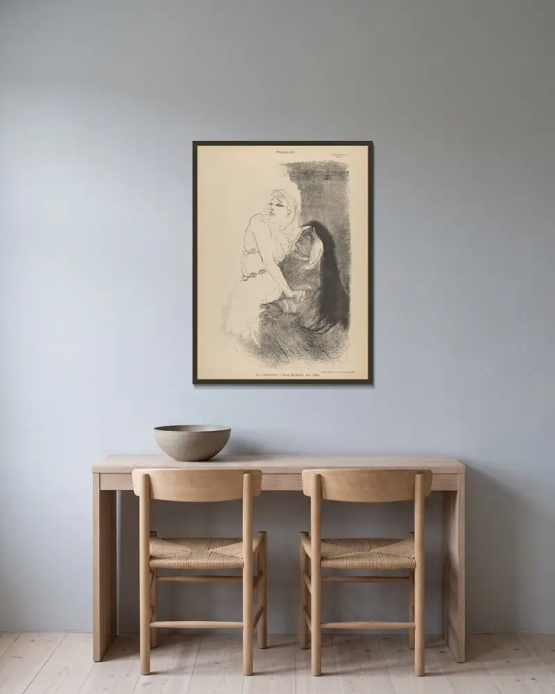 Am Théâtre de la Renaissance; Sarah Bernhardt in Phèdre von Henri de Toulouse-Lautrec gerahmt an einer Wand