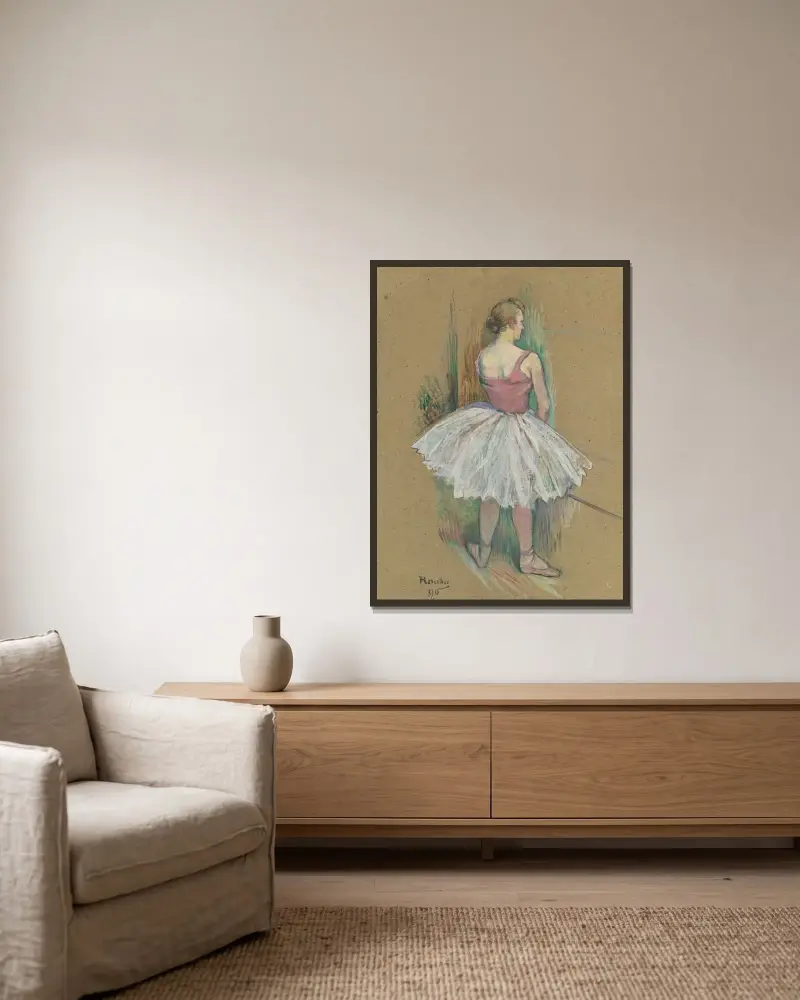 Dansös stående, sedd bakifrån av Henri de Toulouse-Lautrec inramad på en vägg