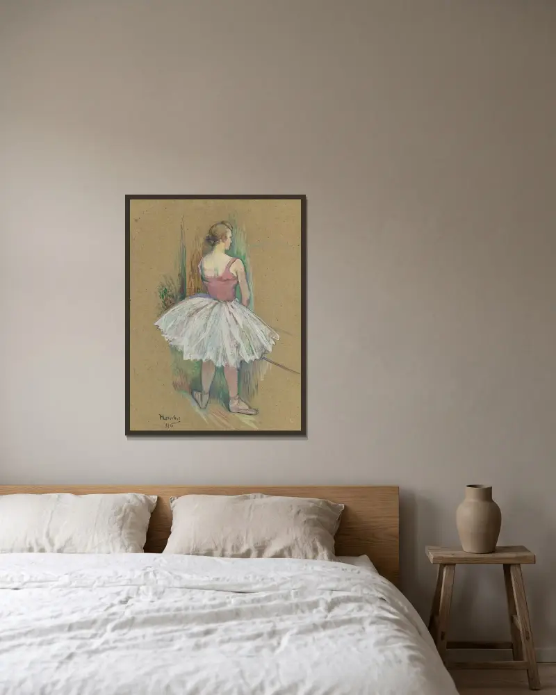 Dansös stående, sedd bakifrån av Henri de Toulouse-Lautrec inramad på en vägg