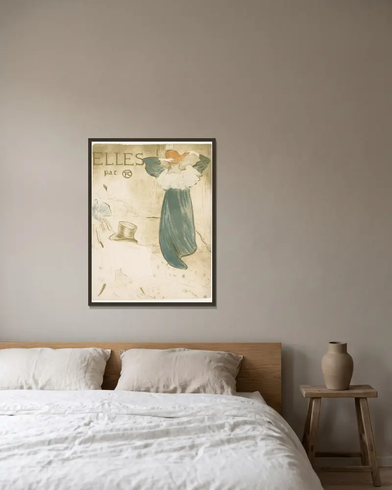 Elles, 1896 – nr 1 av Henri de Toulouse-Lautrec inramad på en vägg