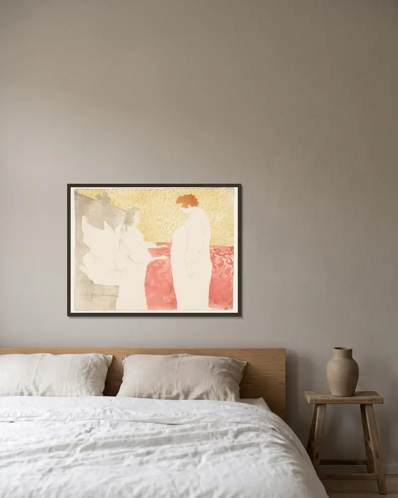 Kvinna i säng, Mlle Cha-U-Ka-O av Henri de Toulouse-Lautrec inramad på en vägg