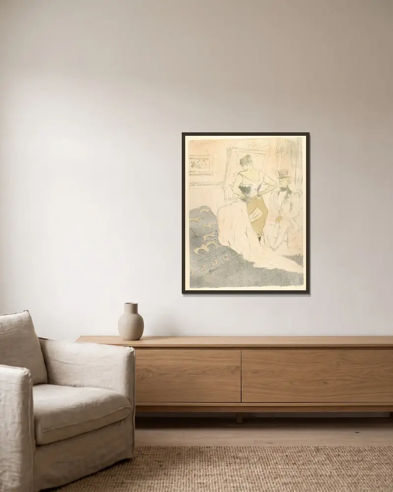 Das Schnüren eines Korsetts von Henri de Toulouse-Lautrec gerahmt an einer Wand