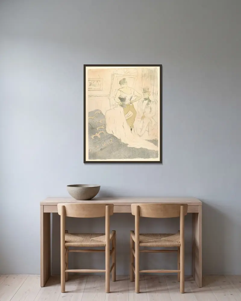 Das Schnüren eines Korsetts von Henri de Toulouse-Lautrec gerahmt an einer Wand