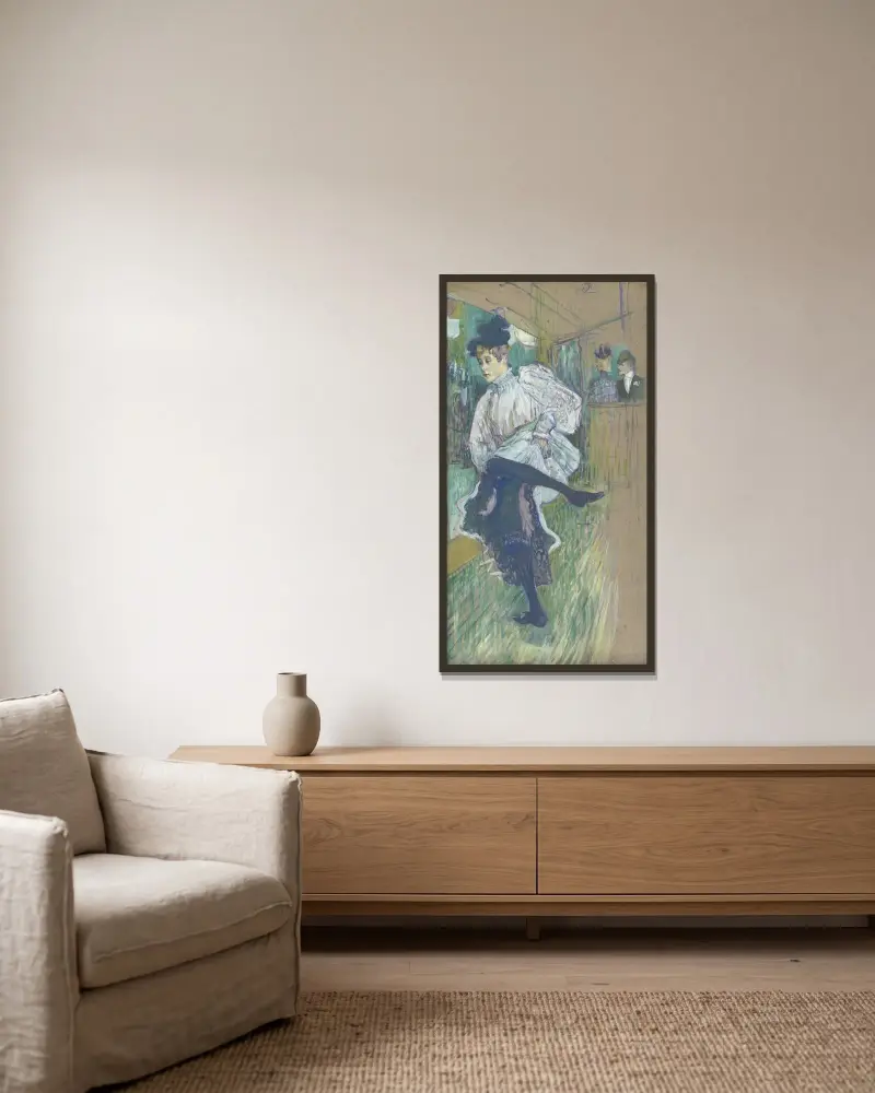 Jane Avril Dancing av Henri de Toulouse-Lautrec inramad på en vägg