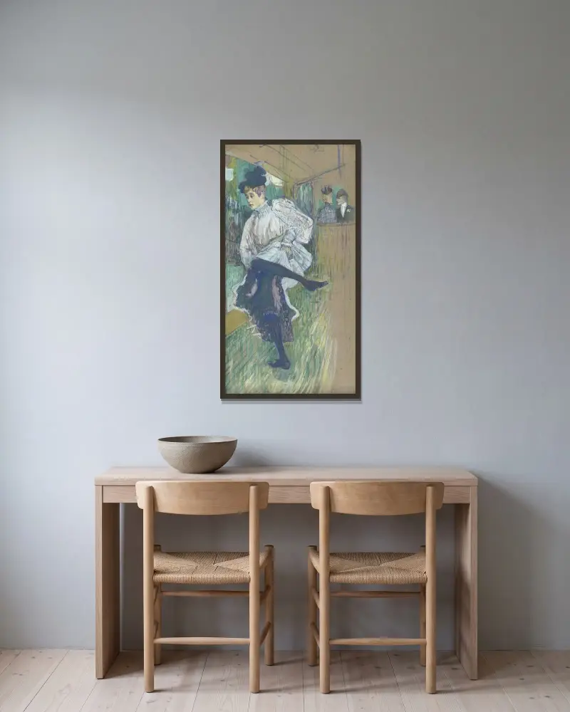 Jane Avril Dancing av Henri de Toulouse-Lautrec inramad på en vägg