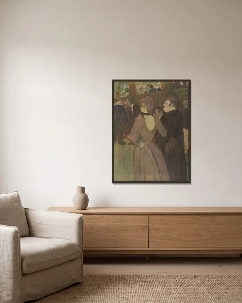 La Goulue und ihre Schwester von Henri de Toulouse-Lautrec gerahmt an einer Wand