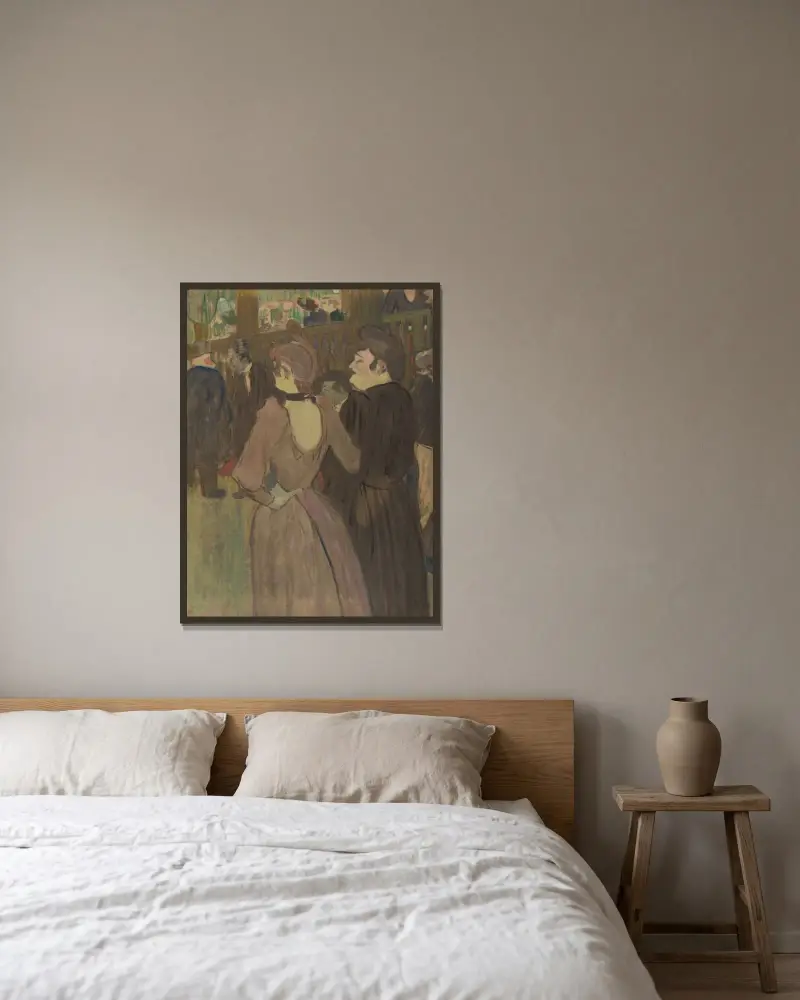 La Goulue und ihre Schwester von Henri de Toulouse-Lautrec gerahmt an einer Wand