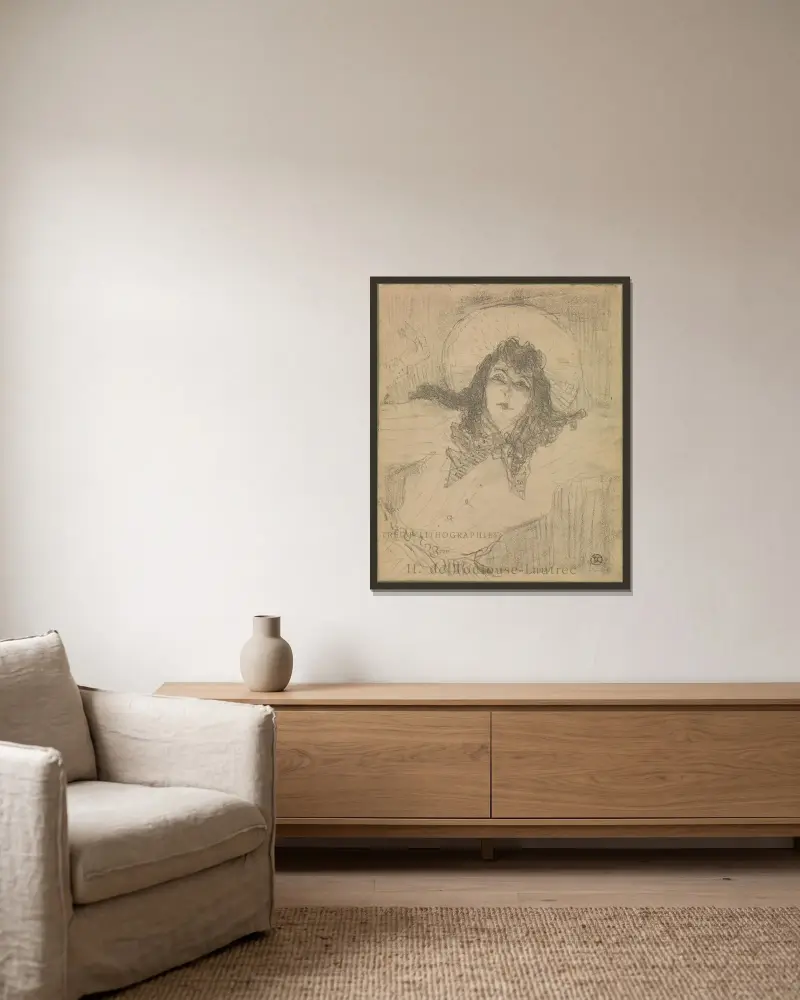 May Belfort, titelsida för ’Treize Lithographies’ av Henri de Toulouse-Lautrec inramad på en vägg