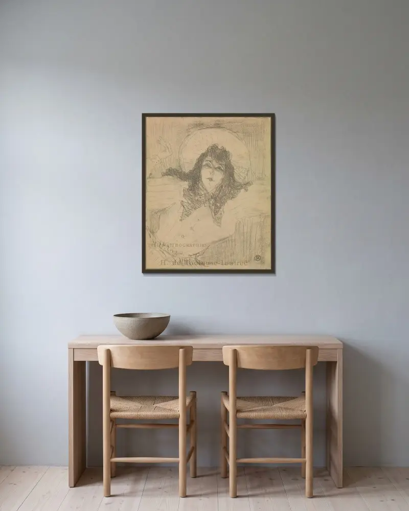 May Belfort, titelsida för ’Treize Lithographies’ av Henri de Toulouse-Lautrec inramad på en vägg