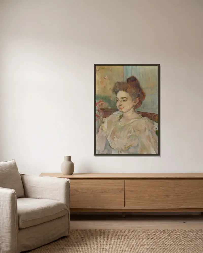 Porträtt av Béatrice Tapié de Céleyran av Henri de Toulouse-Lautrec inramad på en vägg