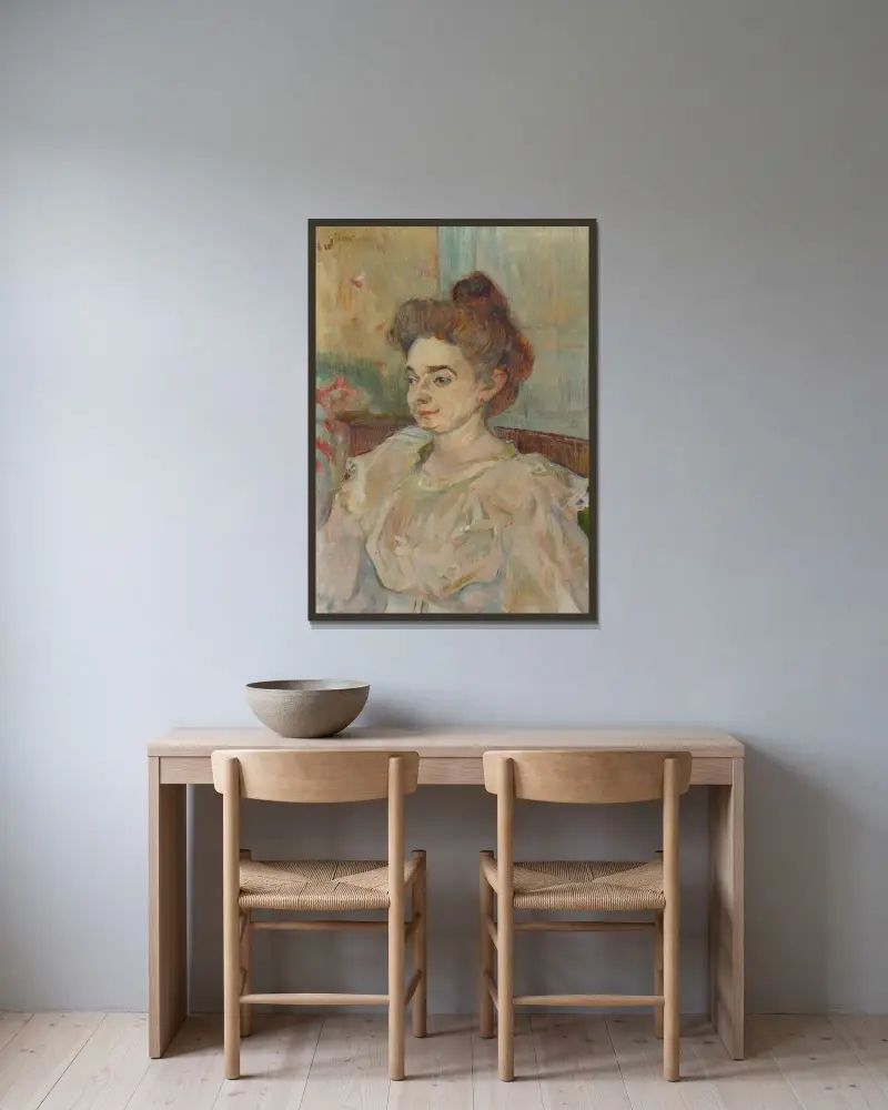 Porträtt av Béatrice Tapié de Céleyran av Henri de Toulouse-Lautrec inramad på en vägg