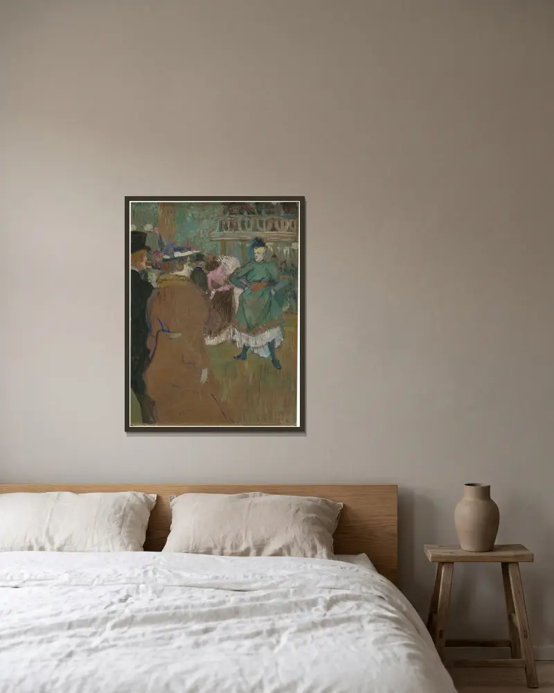 Quadrille im Moulin Rouge von Henri de Toulouse-Lautrec gerahmt an einer Wand