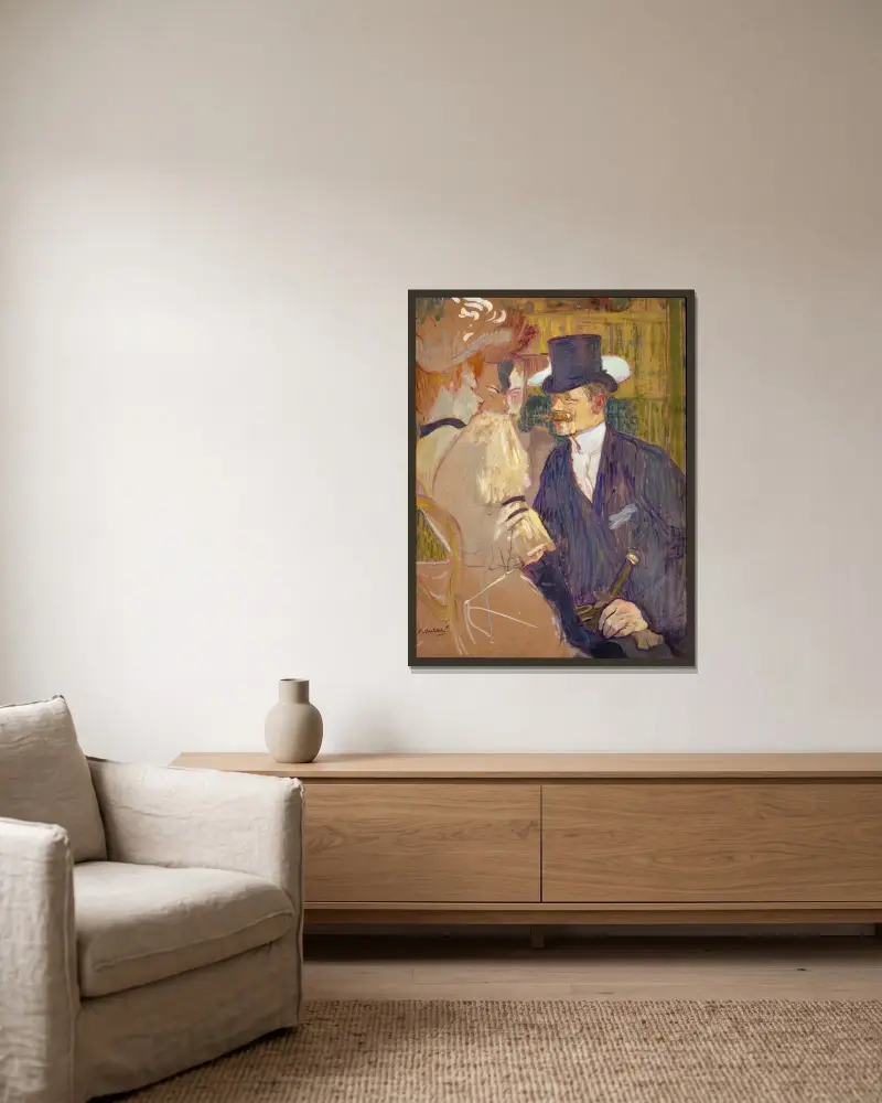 Engelsmannen (William Tom Warrener, 1861–1934) på Moulin Rouge av Henri de Toulouse-Lautrec inramad på en vägg
