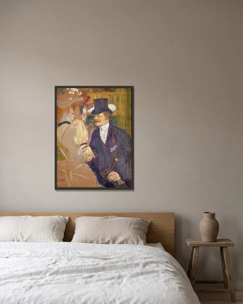 Engelsmannen (William Tom Warrener, 1861–1934) på Moulin Rouge av Henri de Toulouse-Lautrec inramad på en vägg