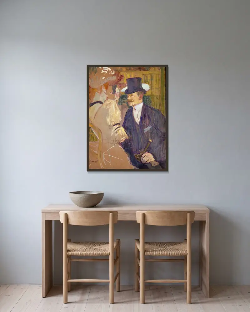 Engelsmannen (William Tom Warrener, 1861–1934) på Moulin Rouge av Henri de Toulouse-Lautrec inramad på en vägg