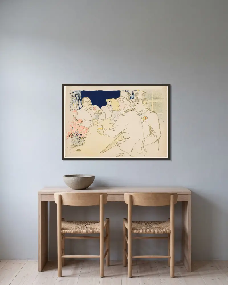 Den irländska och amerikanska baren, Rue Royale av Henri de Toulouse-Lautrec inramad på en vägg