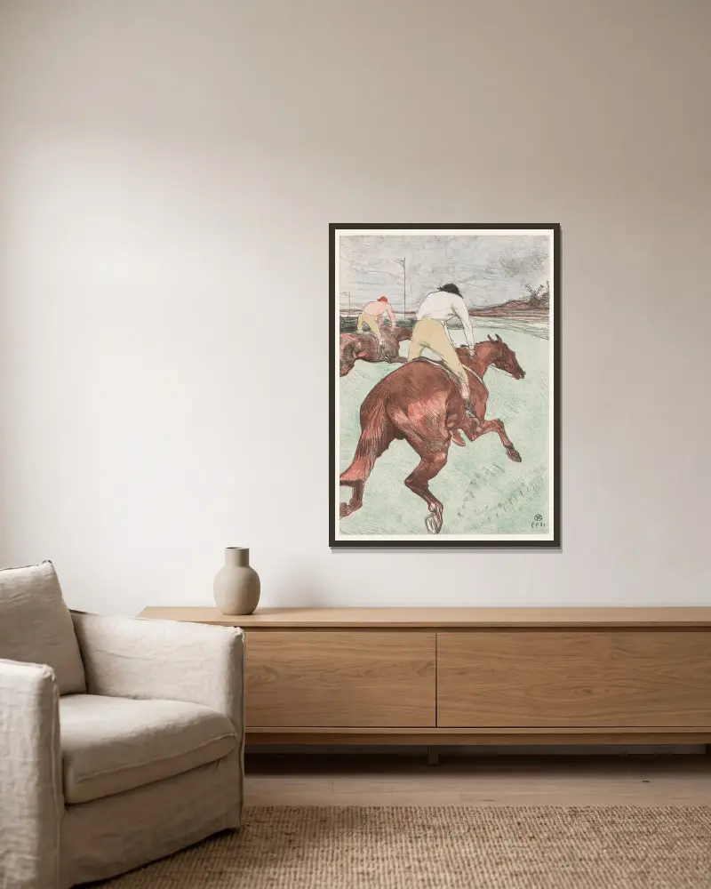 Jockeyn, 1899 – nr 1 av Henri de Toulouse-Lautrec inramad på en vägg