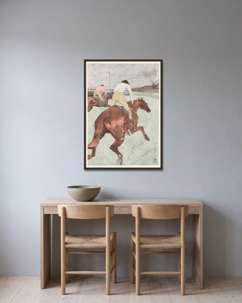 Jockeyn, 1899 – nr 1 av Henri de Toulouse-Lautrec inramad på en vägg