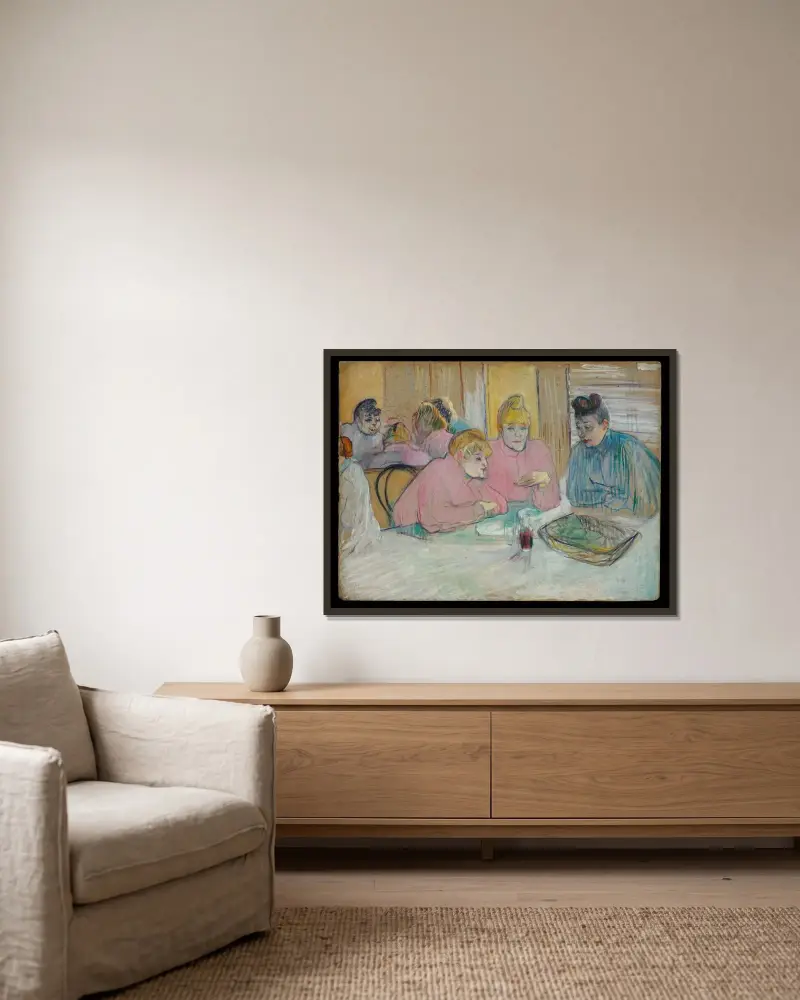 Damerna i matsalen av Henri de Toulouse-Lautrec inramad på en vägg