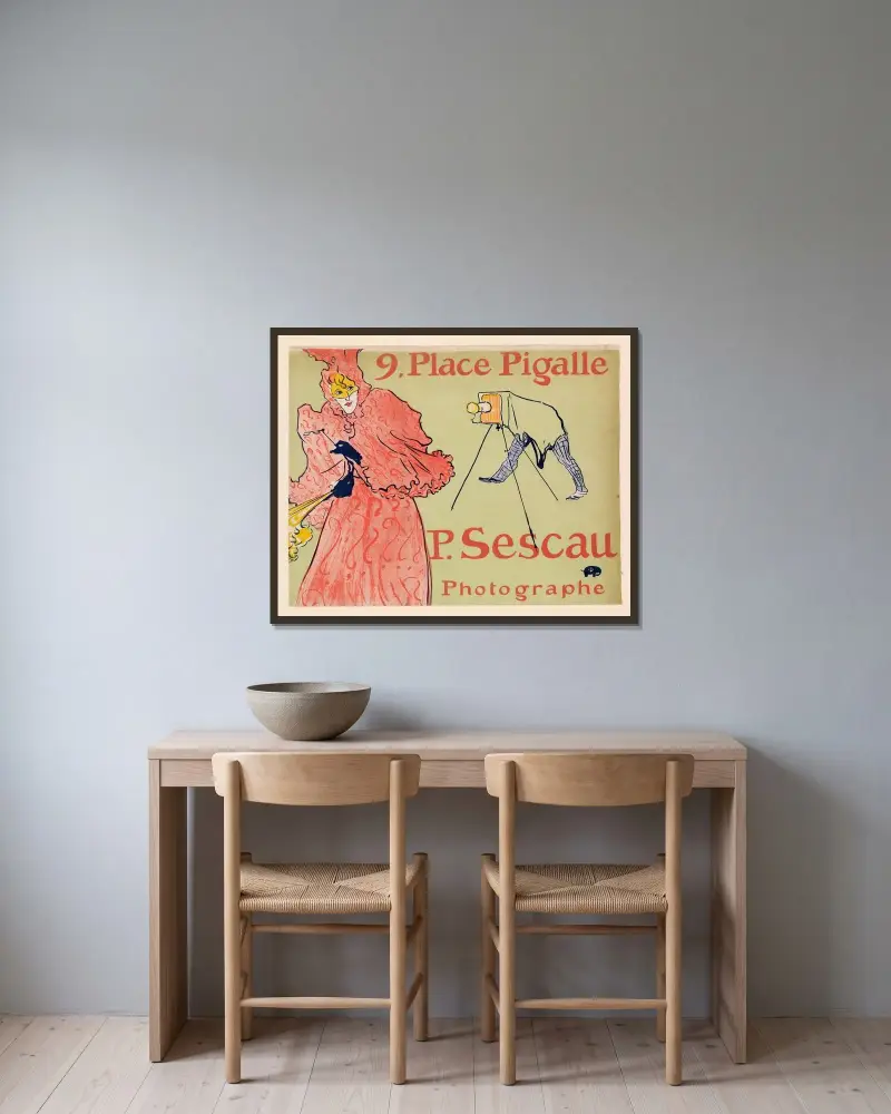 Fotografen Sescau av Henri de Toulouse-Lautrec inramad på en vägg