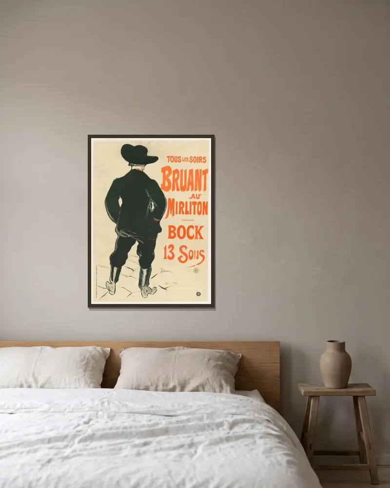 Varje kväll Bruant på Mirliton – Bock 13 sous av Henri de Toulouse-Lautrec inramad på en vägg