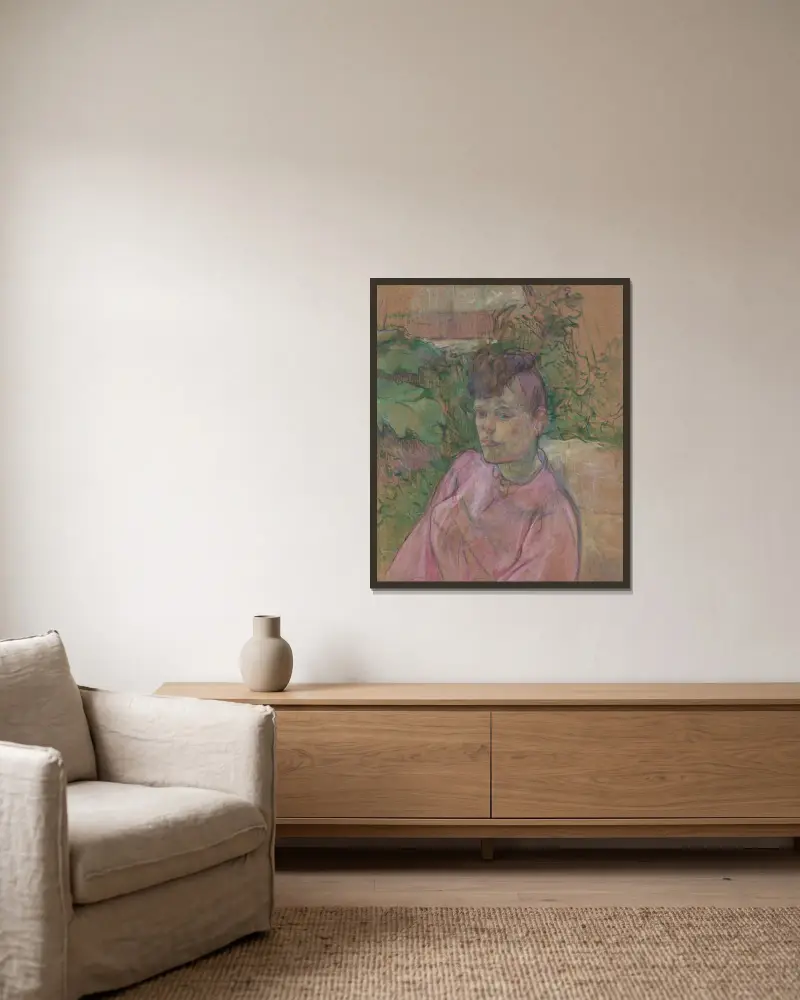 Frau im Garten des Monsieur Forest von Henri de Toulouse-Lautrec gerahmt an einer Wand