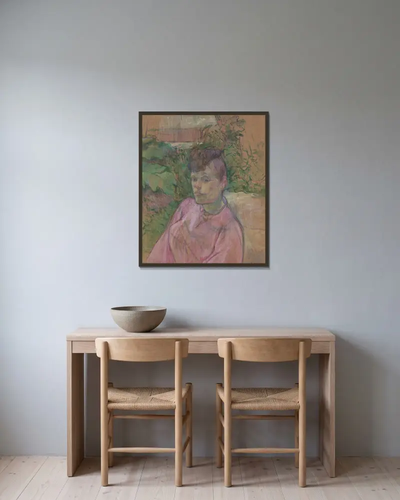 Frau im Garten des Monsieur Forest von Henri de Toulouse-Lautrec gerahmt an einer Wand