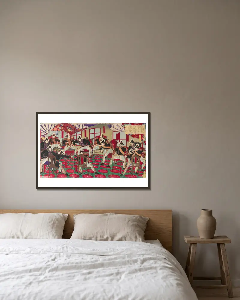 Debatte darüber, ob Korea invadiert werden soll von Toyohara Chikanobu gerahmt an einer Wand