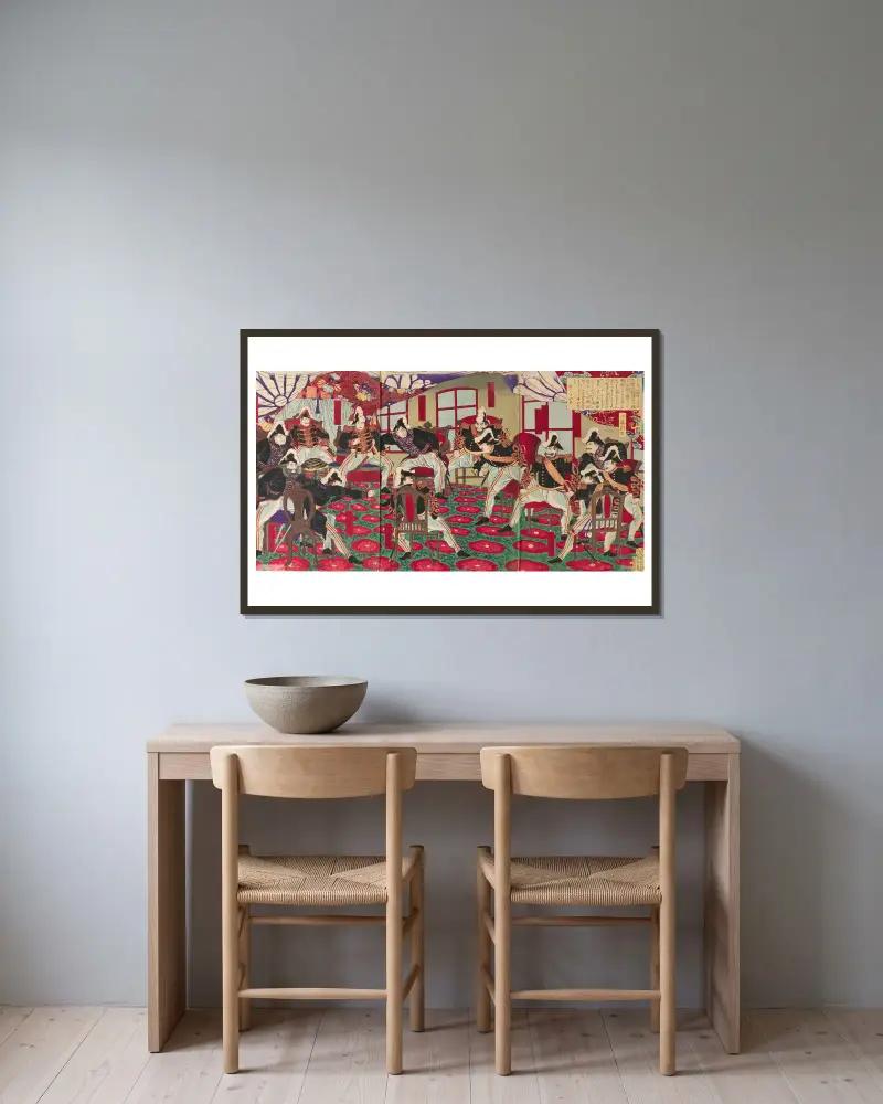 Debatte darüber, ob Korea invadiert werden soll von Toyohara Chikanobu gerahmt an einer Wand