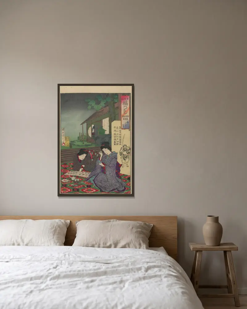 Album mit Nishiki-e, Tafel 01 von Toyohara Chikanobu gerahmt an einer Wand