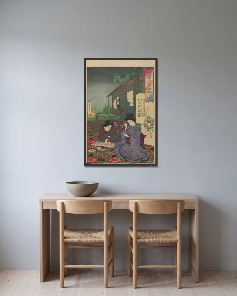 Album mit Nishiki-e, Tafel 01 von Toyohara Chikanobu gerahmt an einer Wand