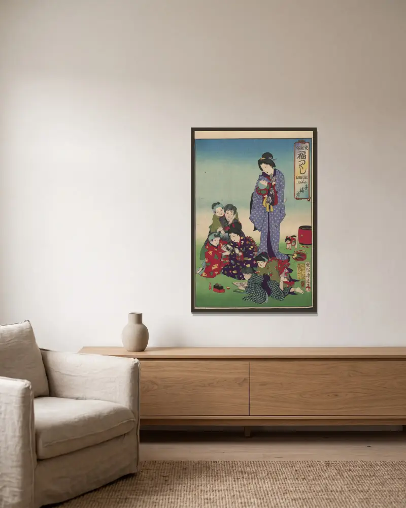 Album mit Nishiki-e, Taf. 04 von Toyohara Chikanobu gerahmt an einer Wand