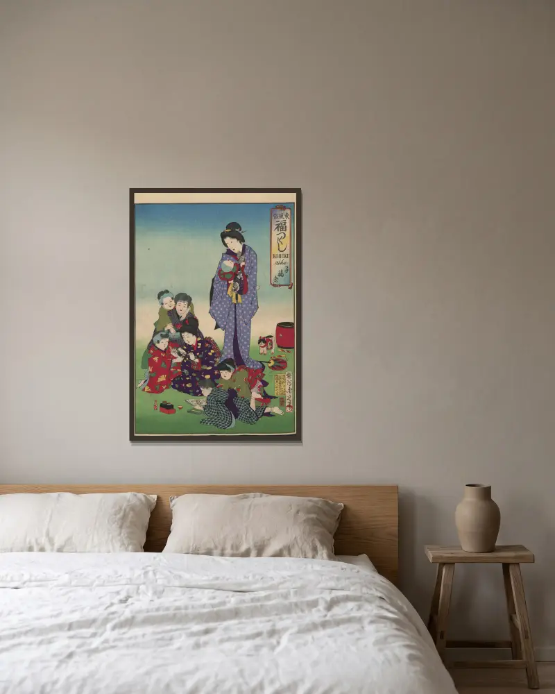Album mit Nishiki-e, Taf. 04 von Toyohara Chikanobu gerahmt an einer Wand
