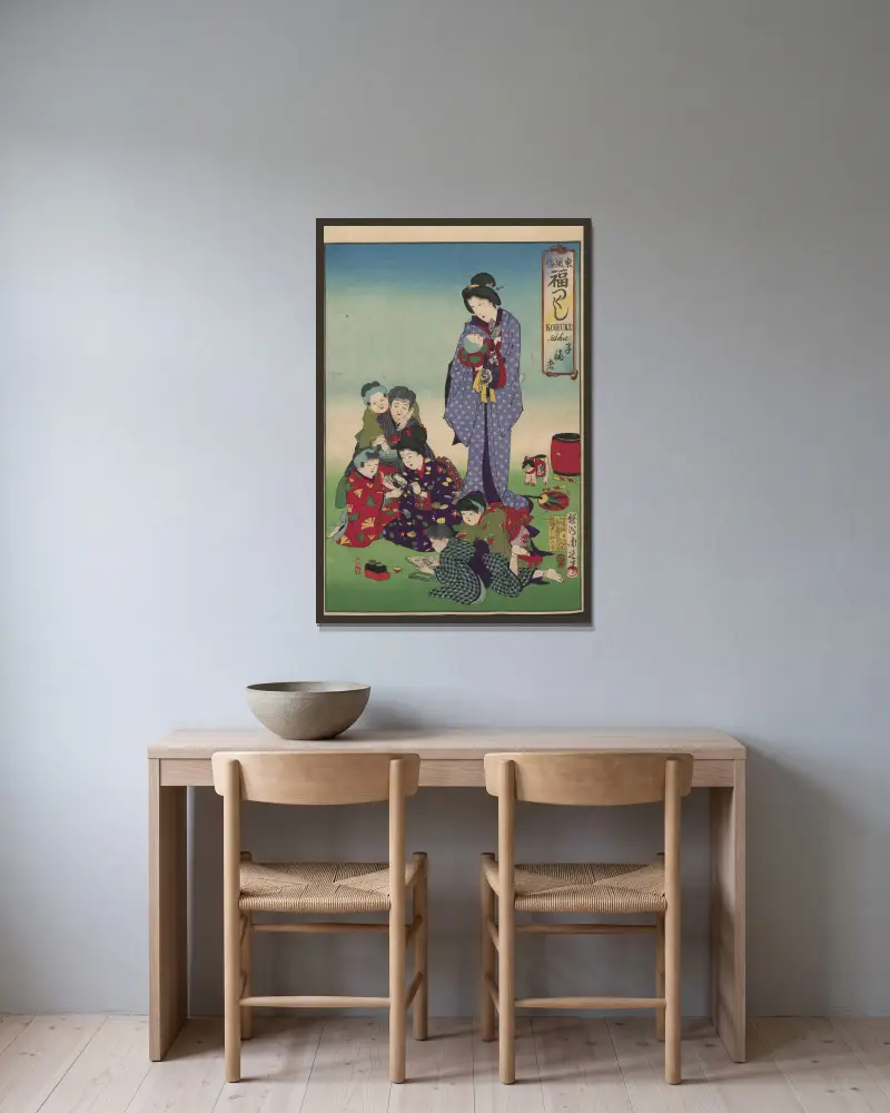Album mit Nishiki-e, Taf. 04 von Toyohara Chikanobu gerahmt an einer Wand
